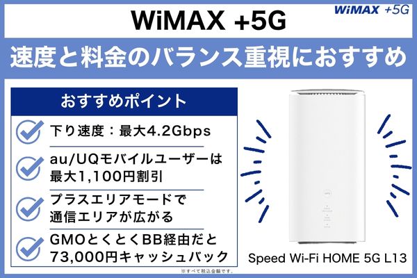 WiMAX +5G|速度と料金のバランス重視におすすめ